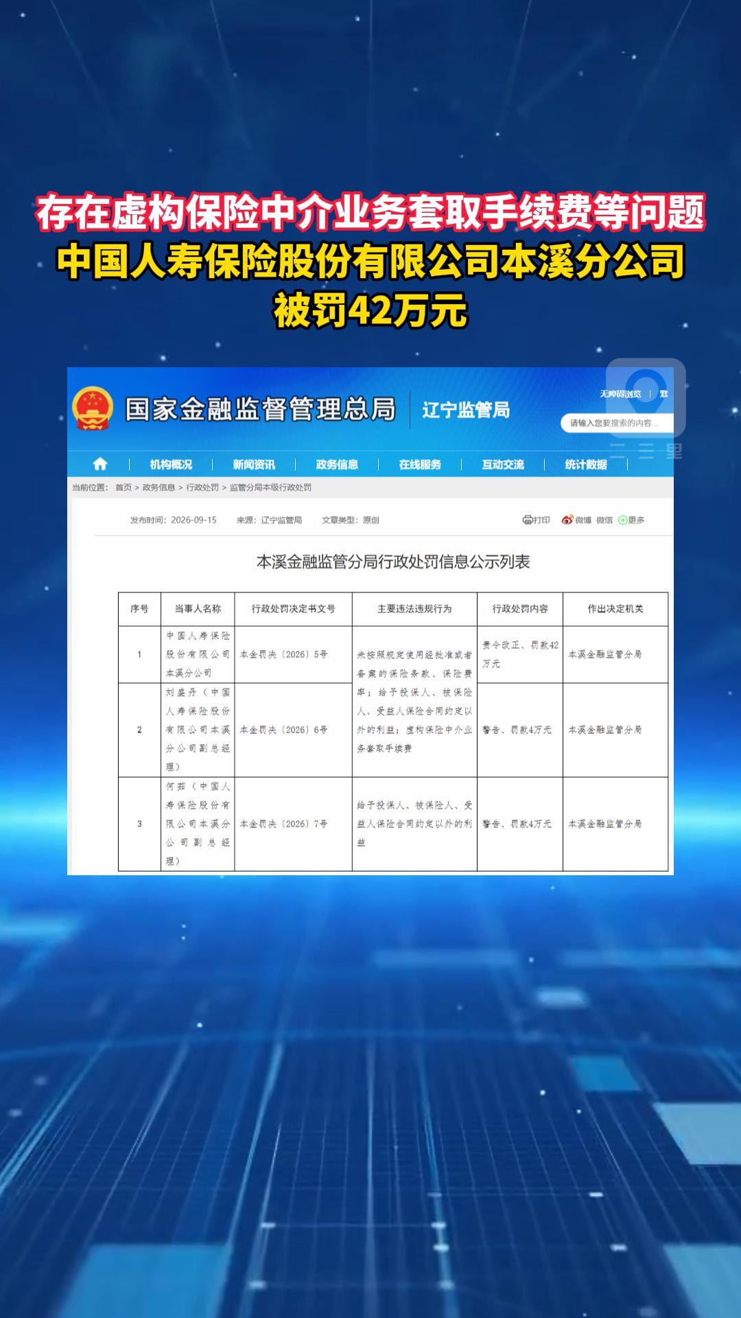 存在虚构保险中介业务套取手续费等问题 中国人寿保险股份有限公司本溪分公司 被罚42万元